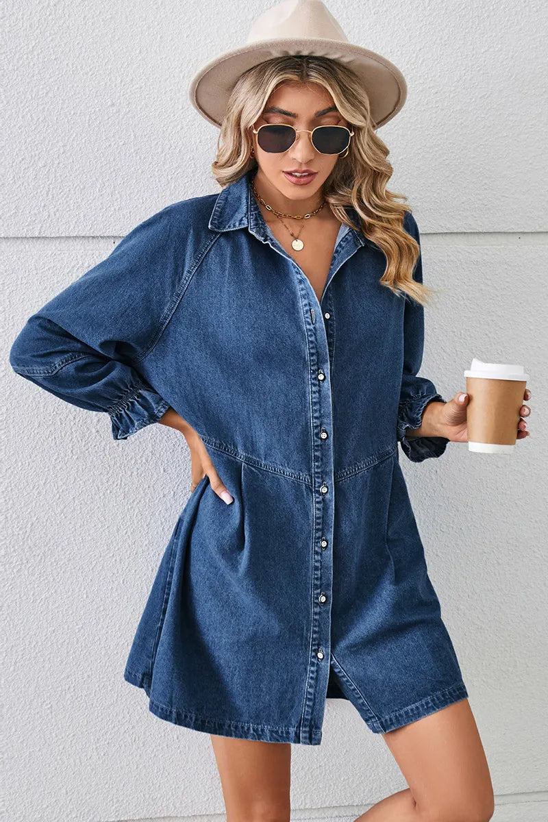 Casual Puff Sleeve Loose Fit Washed Denim Dress