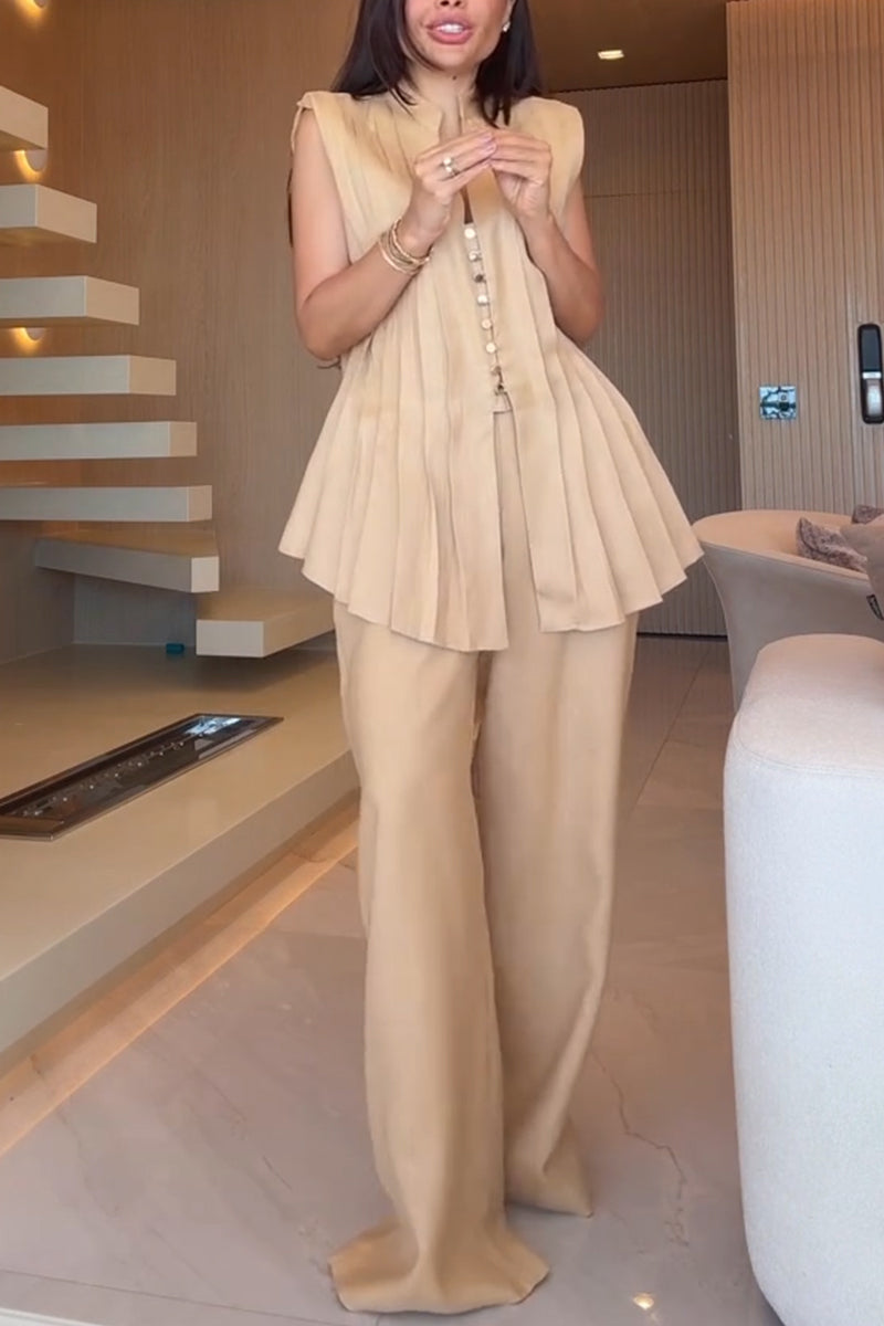 Women's V-neck Pleated Sleeveless Top and Pants Elegant Casual Suit