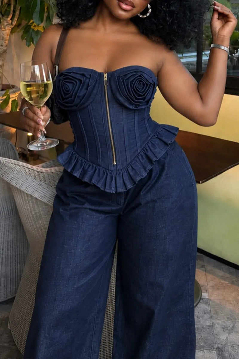 Women's Fashion 3D Floral Denim Bustier or Curved Cut Jeans