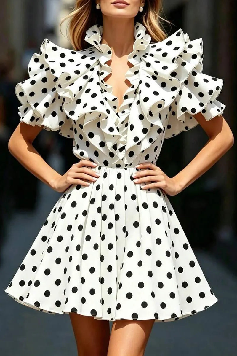 Women's V-neck Waist Cinched Patchwork Polka Dot Print Elegant Temperament Dress