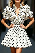 Women's V-neck Waist Cinched Patchwork Polka Dot Print Elegant Temperament Dress