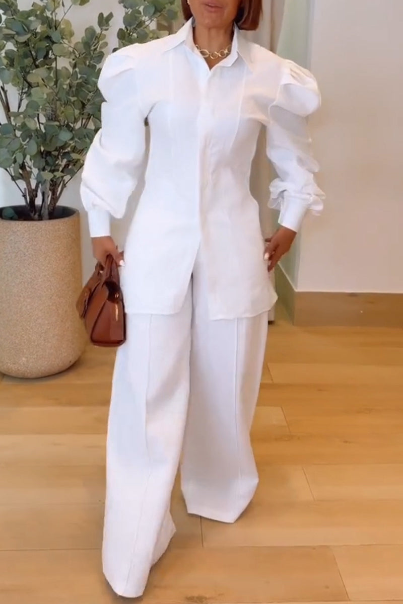 Women's Casual Leg of Mutton Sleeve Shirt Wide Leg Pants Two-Piece Set