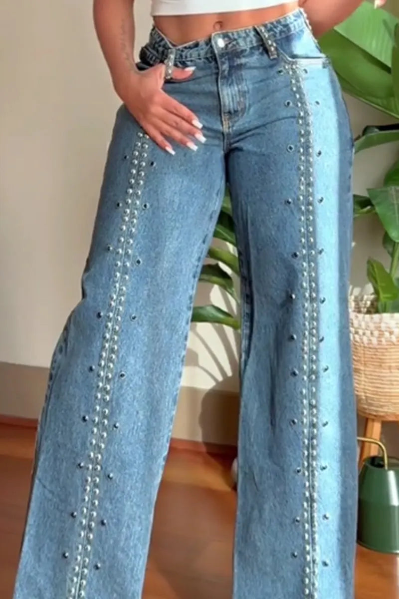 Women's Relaxed Fit Studded Wide Leg Jeans