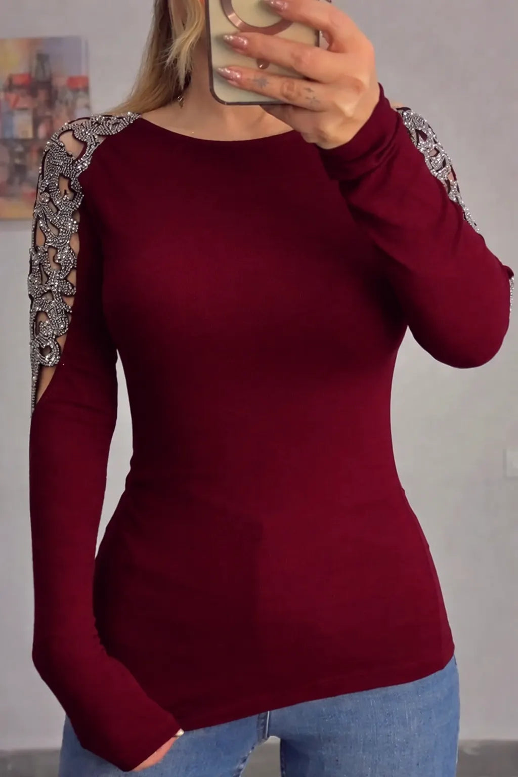 Women Round Neck Sleeves Hollowed Out Hot Stamping Rhinestone Casual Top