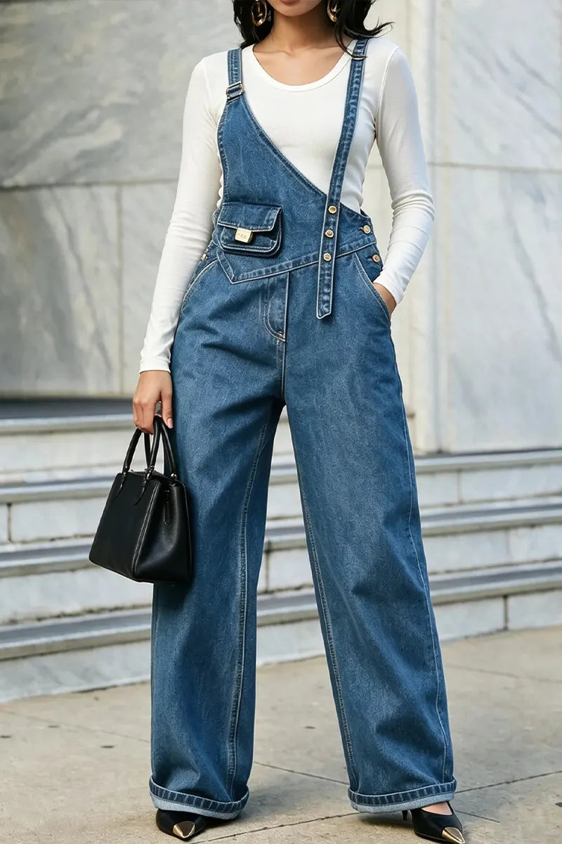 Women's Shoulder Strap Splicing Pocket Temperament Casual Denim Jumpsuit
