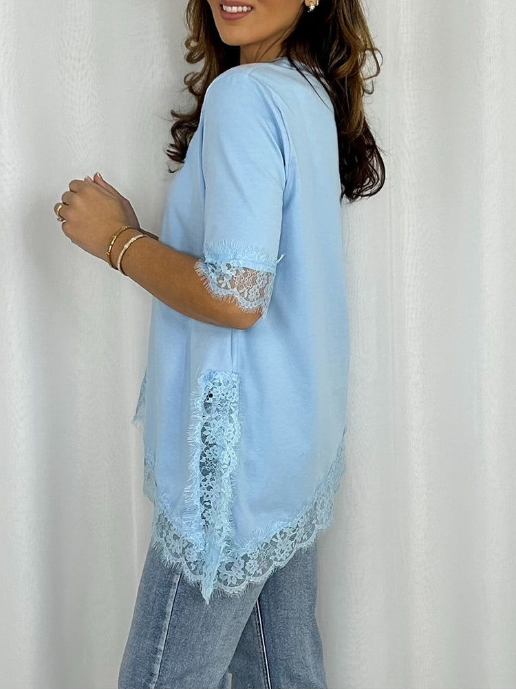 Women Round Neck Patchwork Lace Irregular Casual Top