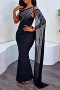 Women's Elegant Rhinestone One Sleeve Trim Maxi Dress