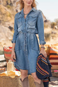 Women Classic Cotton Denim White Design Double Pocket Lapel Dress