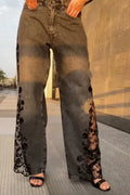 Women Patchwork Lace Printed Casual Denim Wide Leg Pants