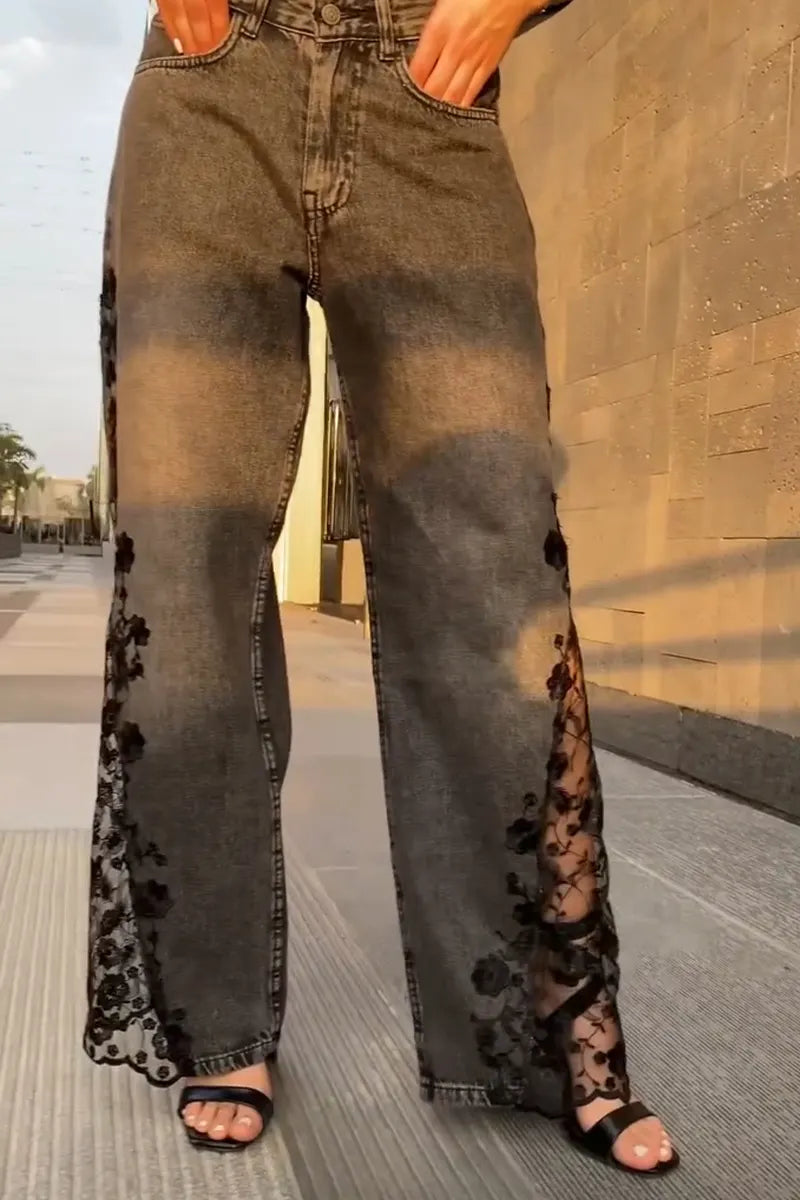 Women Patchwork Lace Printed Casual Denim Wide Leg Pants