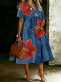 Women’s Casual Stylish Flower V-neck Denim Dress