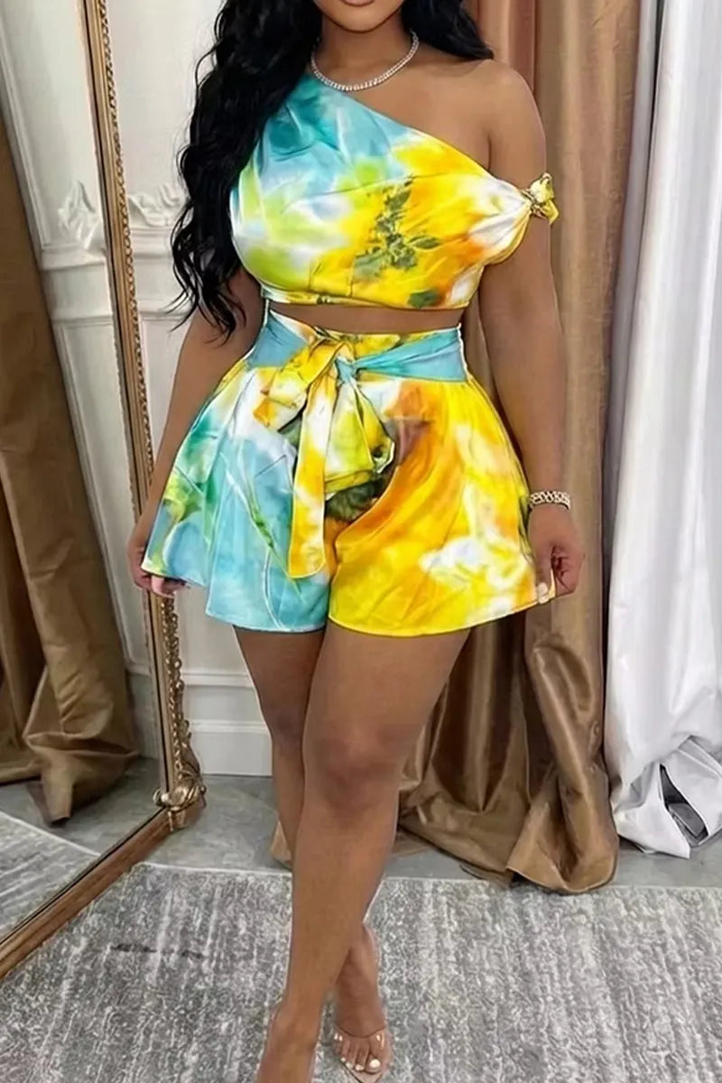 Women's Ombré Color Block Off Shoulder Vacation Top Or Gradient Loose Fit Shorts