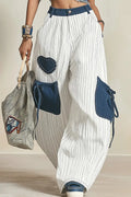 Women's Casual Color Blocked Wide Leg Jeans With Pockets And Drawstring
