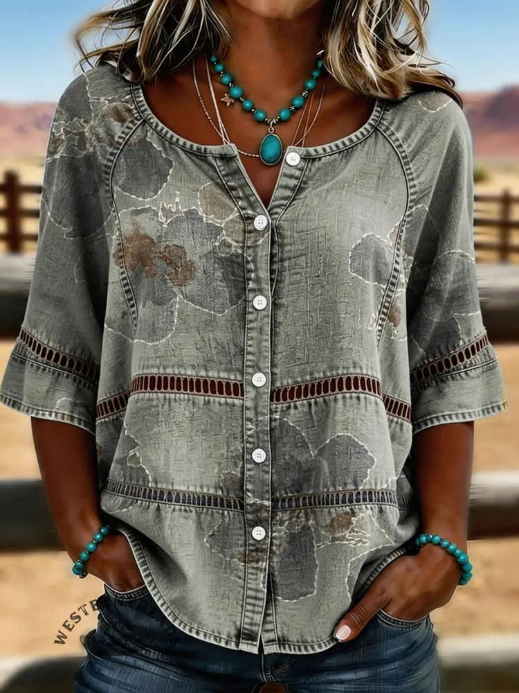 Women's Vintage Floral Print Casual Hollow-Out Denim Shirt