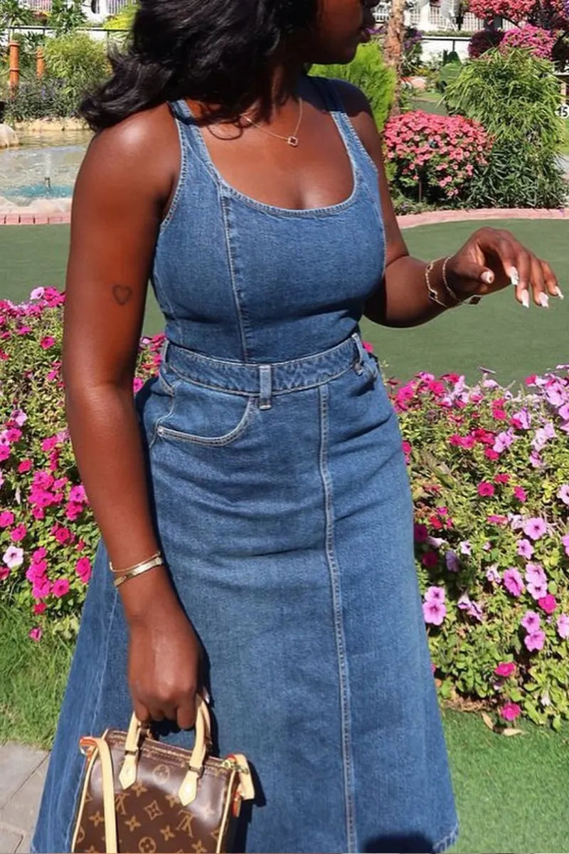 Women Halter V Neck Zip Front Flowy Mini Denim Dress