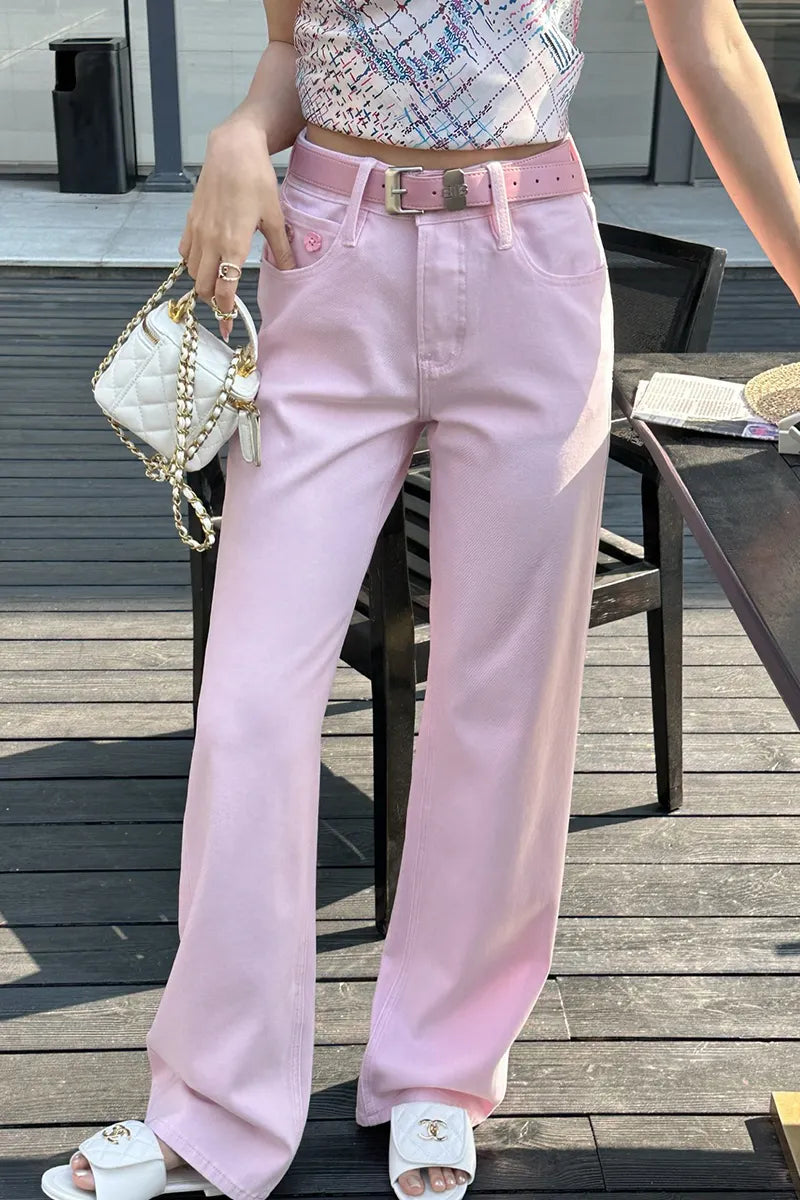 Women's Casual Pink Wide Leg Jeans(Belts Not For Sale)