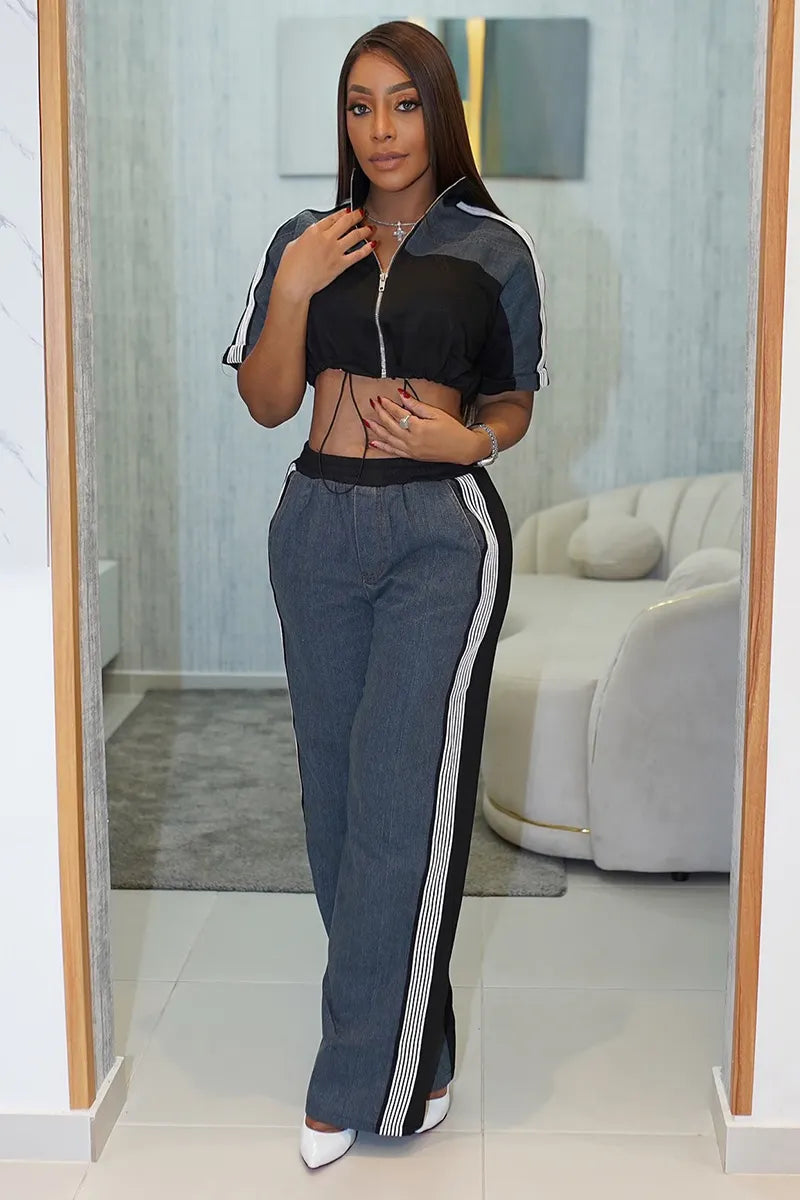 Women's Denim Patchwork Stand Collar Top & Color Block Pants Set