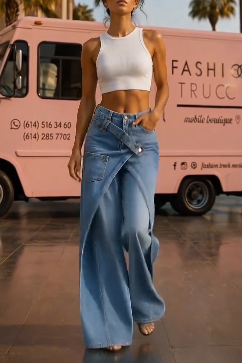 Women's Fashion Asymmetrical Overlapping Faux Two-piece Jeans