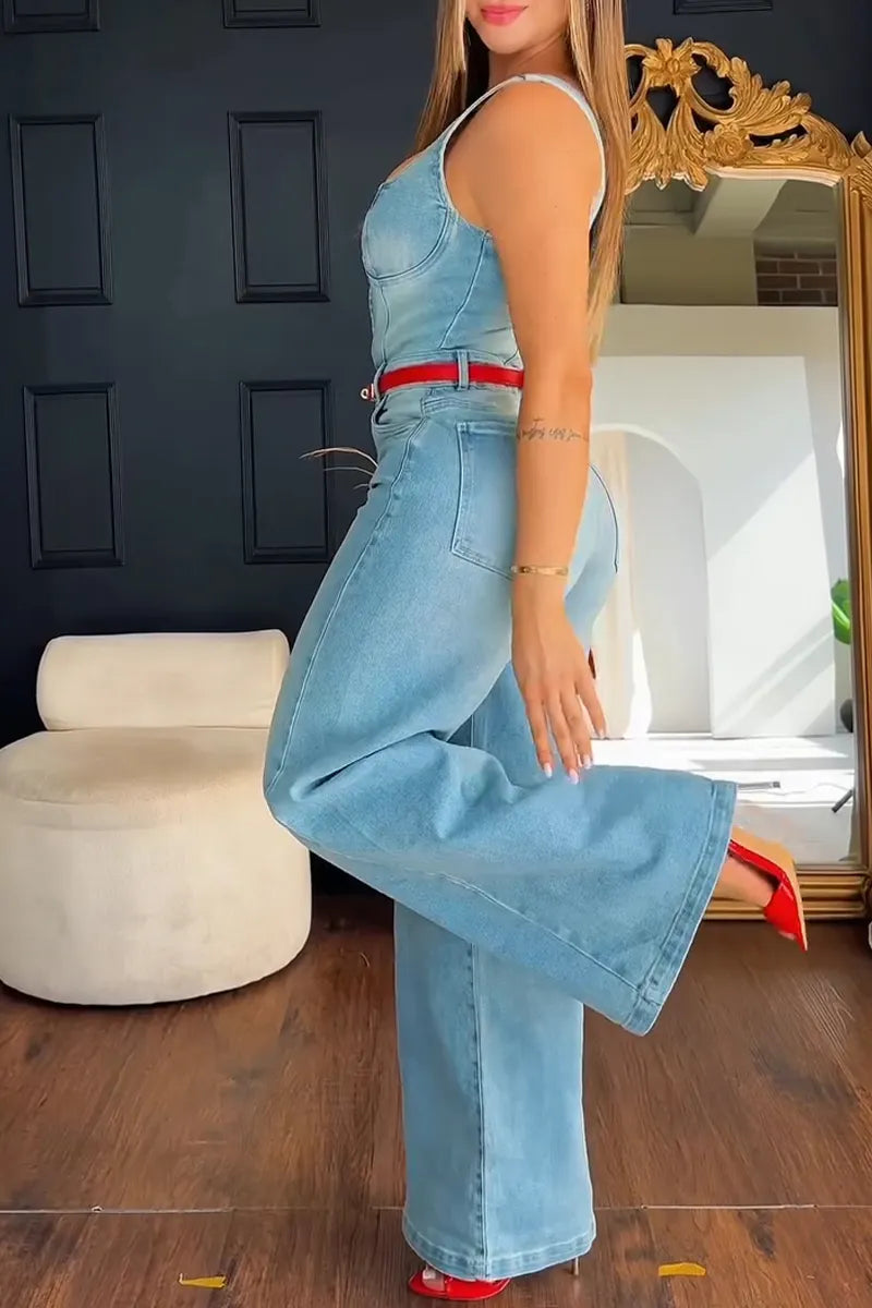 Women's U-neck Patchwork Washed Casual Denim Jumpsuit