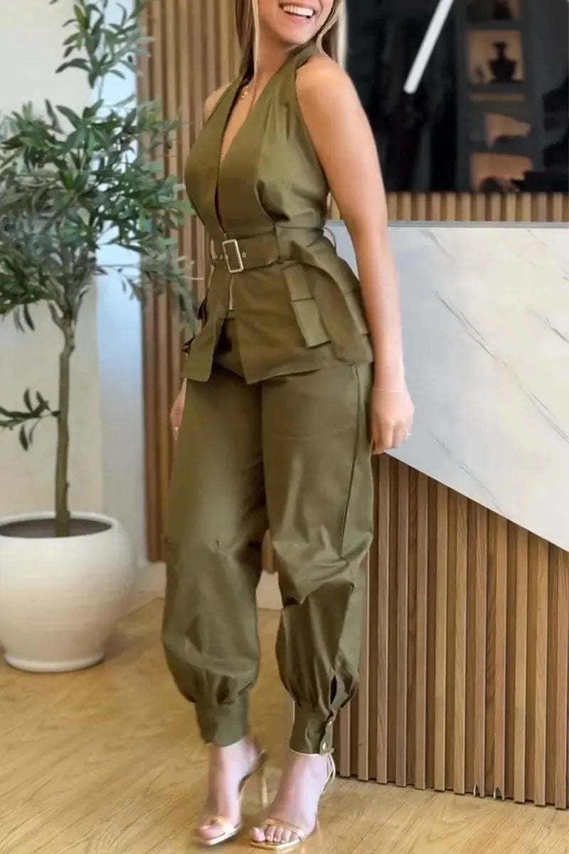Women Neck and Waist Cinching Top+ Pants Casual Suit