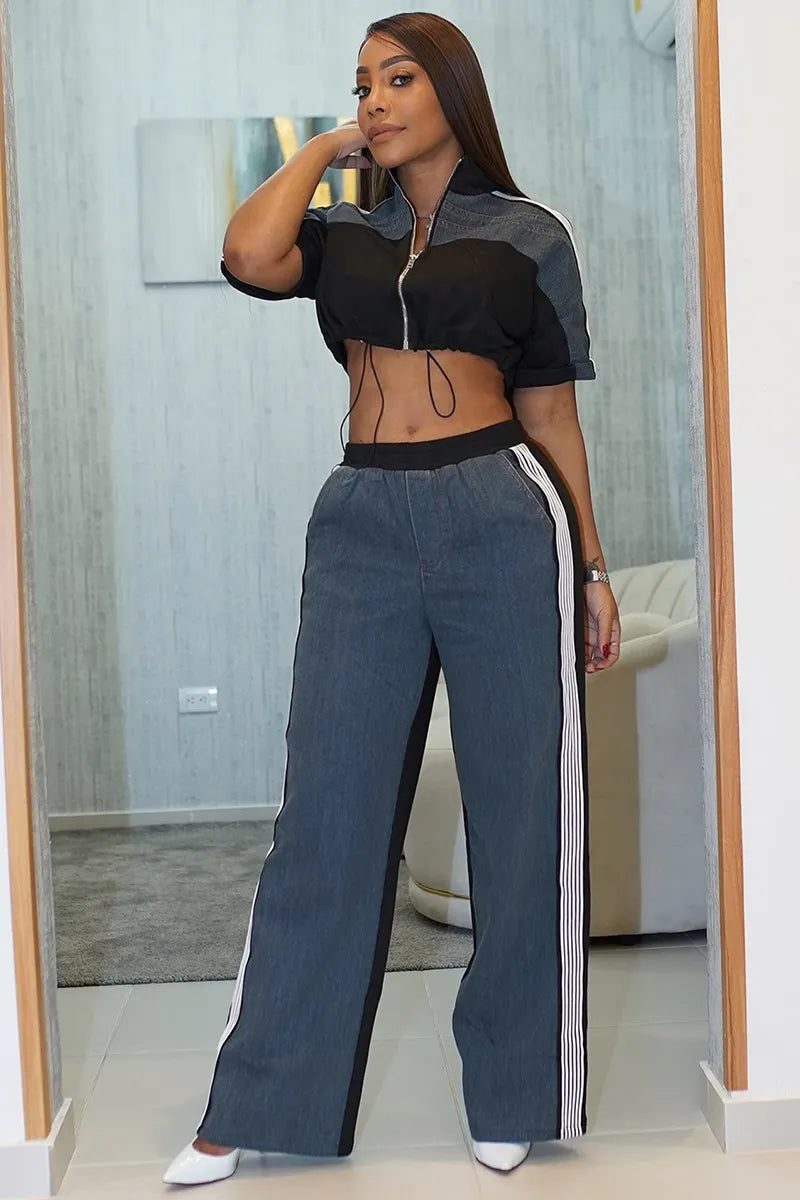 Women's Denim Patchwork Stand Collar Top & Color Block Pants Set