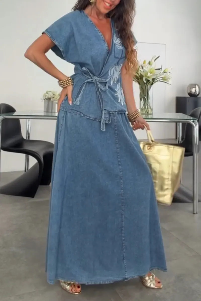 Women's V-neck Strap Embroidered Denim Wash Top or Denim Skirt