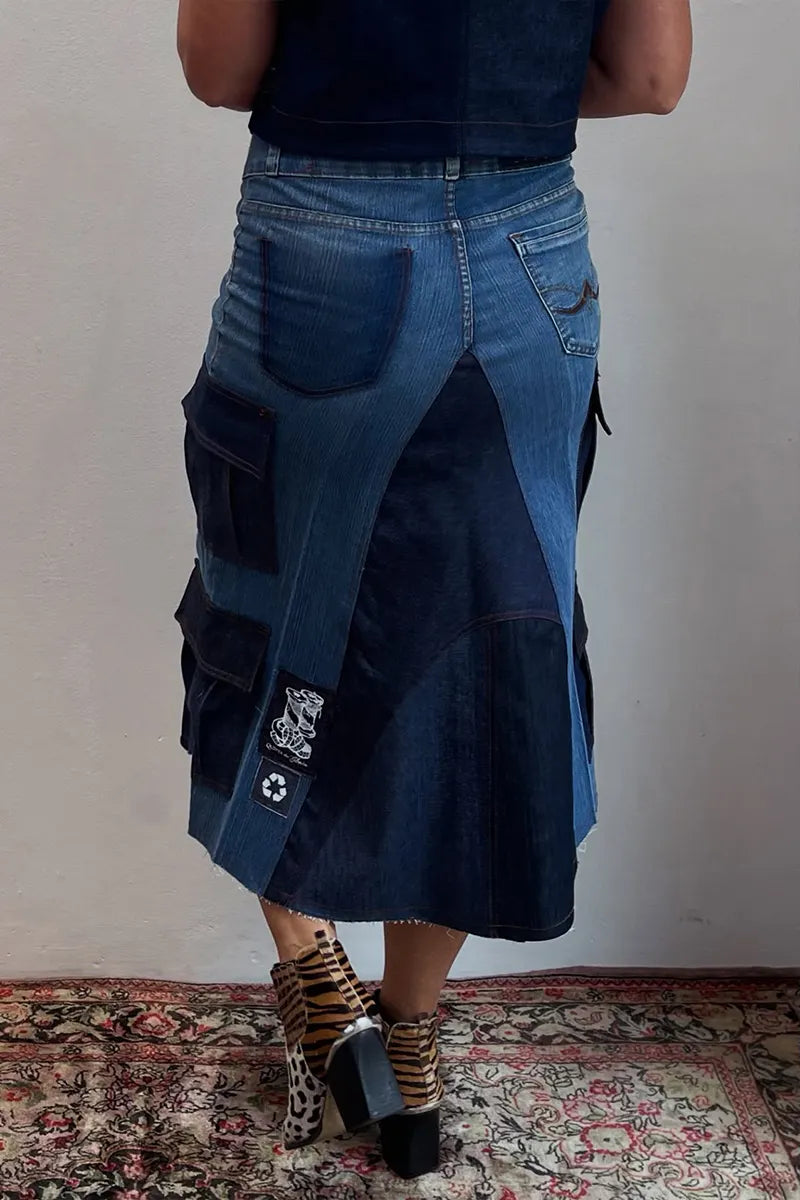 Women's Casual Color Block Cargo Pocket Denim Skirt