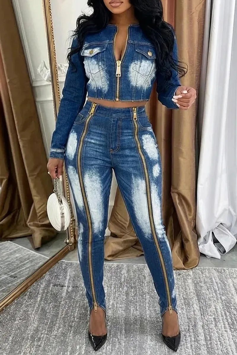 Women's Round Neck Washed Water Zipper Denim Jacket or Tight Jeans
