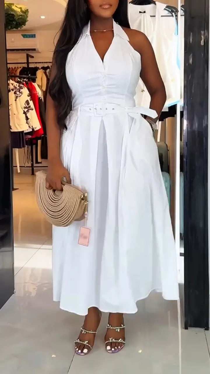 Women Collar Sleeveless Waist Cinched Solid Color Elegant Casual Dress