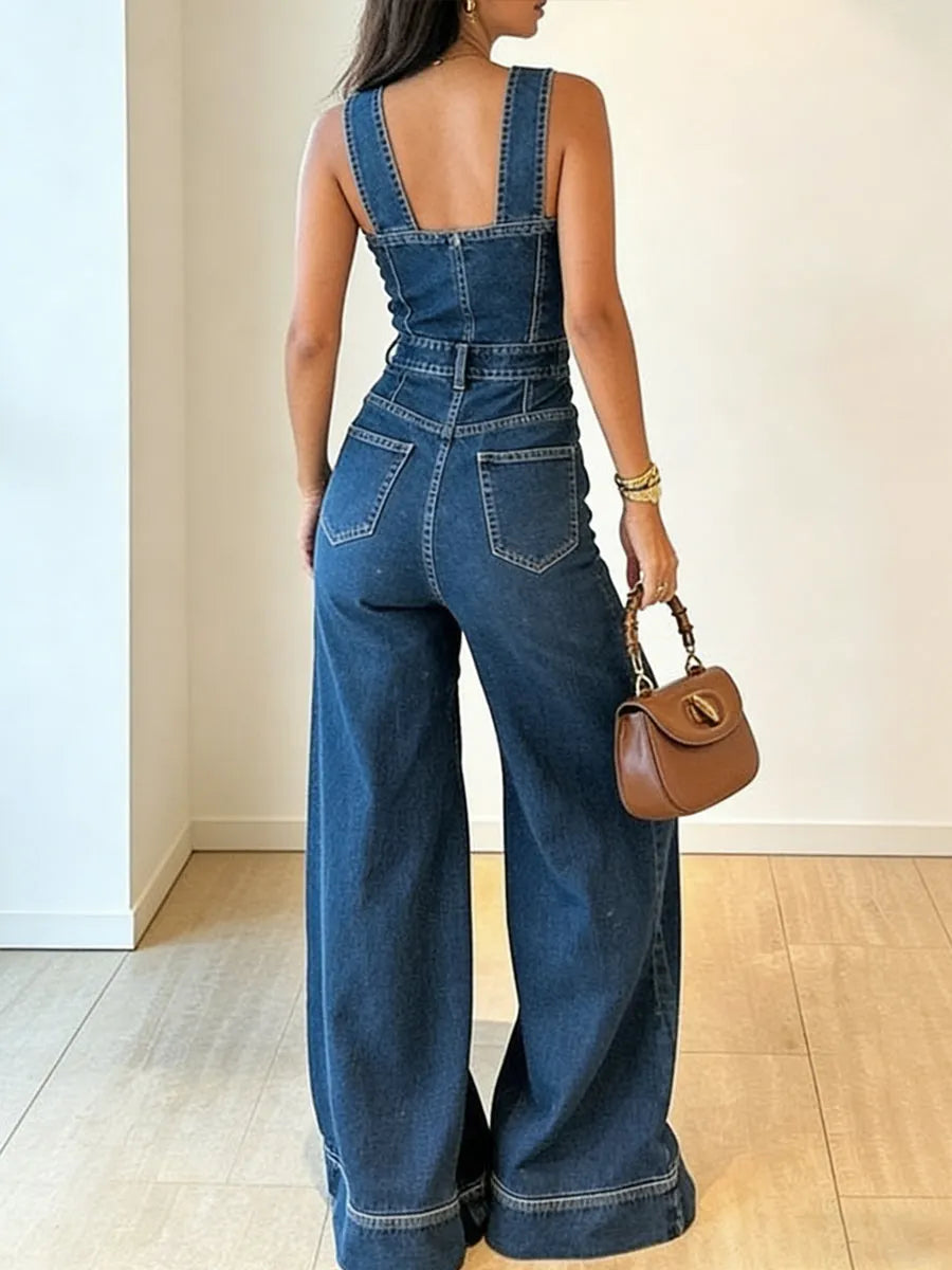Women's Casual Slim-fit Wide-leg Denim Jumpsuit