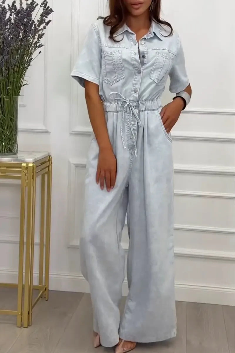 Women's Collar Splicing Waist Cinching Casual Wash Denim Jumpsuit