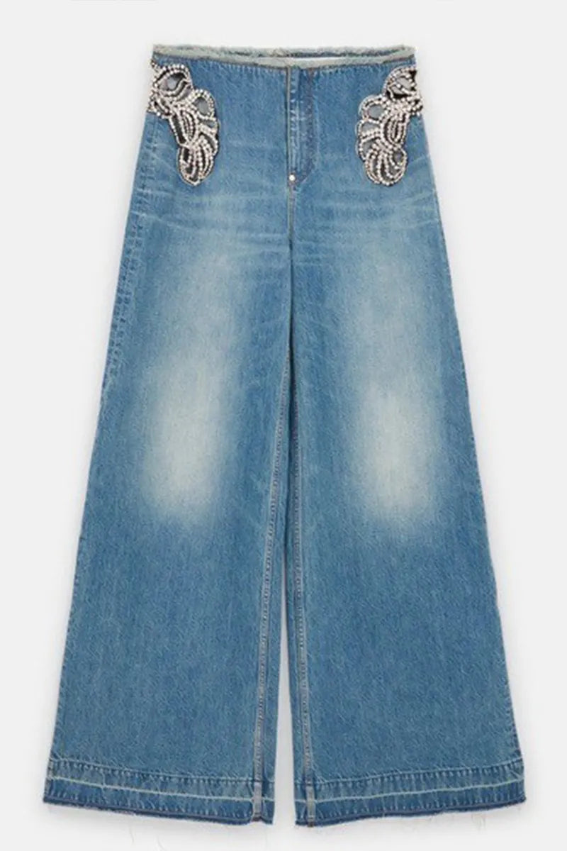 Women's Fashion Rhinestone Swirl Cutout Mid Rise Jeans