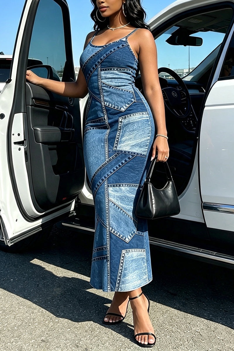 Women's Casual Faux Denim Print Spaghetti Strap Maxi Dress