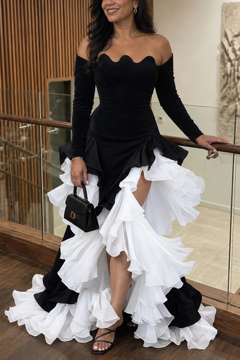 Women's Elegant Off Shoulder Velvet Contrast Ruffle Tiered Black White Slit Maxi Dress