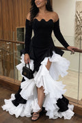 Women's Elegant Off Shoulder Velvet Contrast Ruffle Tiered Black White Slit Maxi Dress