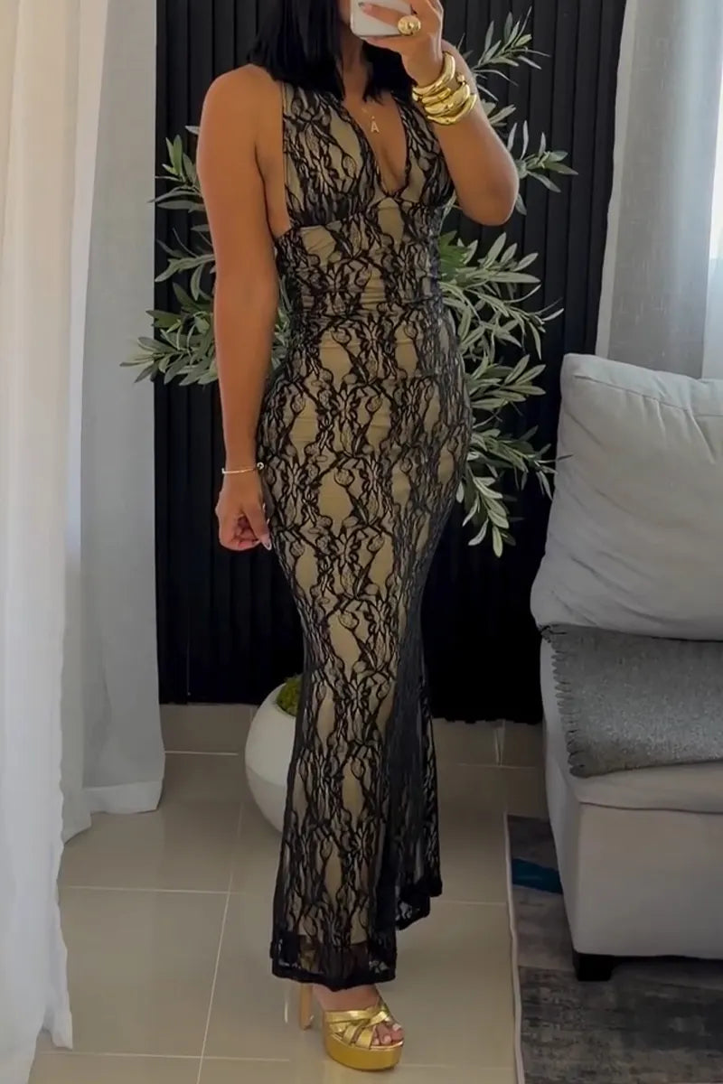 Women's Elegant Lace Slim Halter Maxi Dress