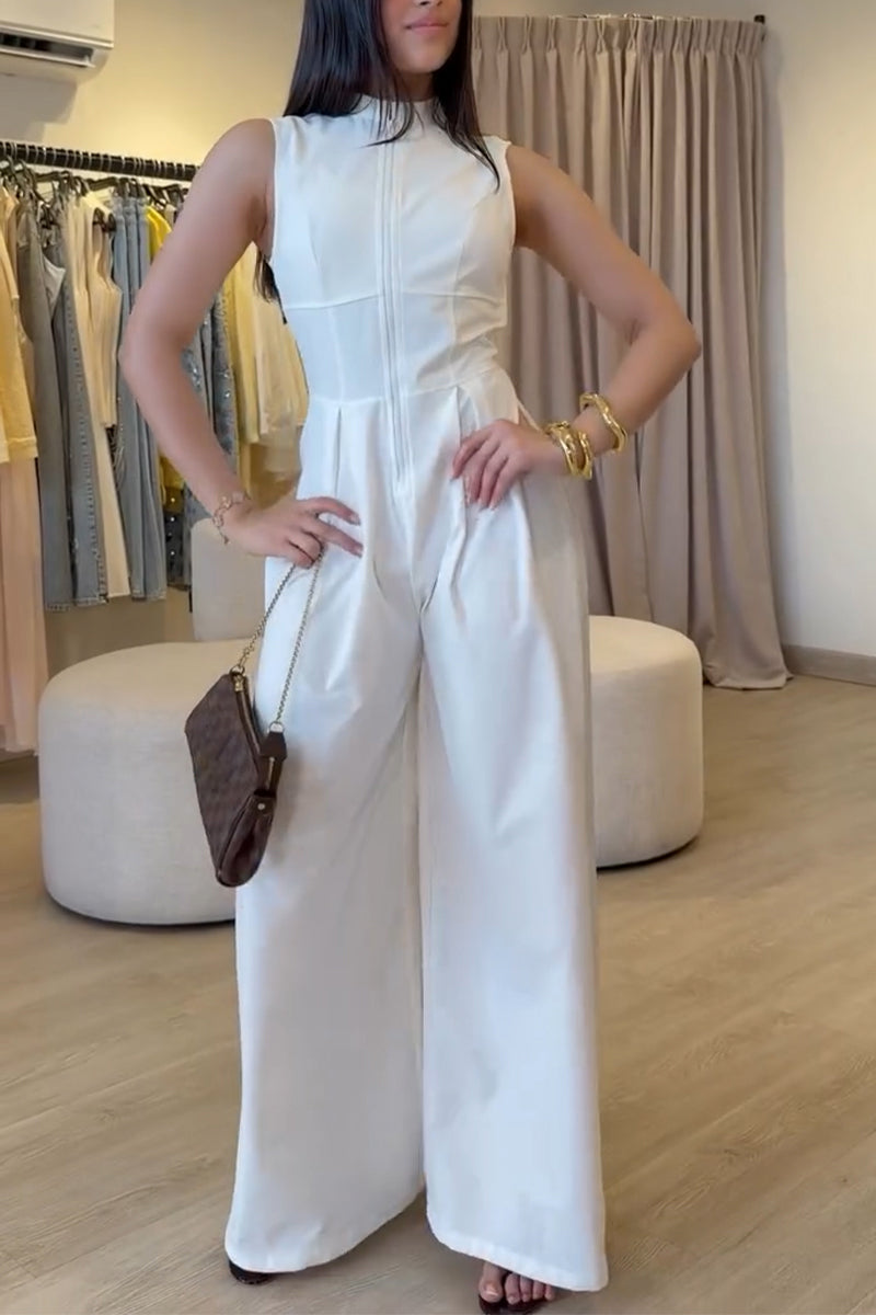 Women's Round Neck Sleeveless Zipper Splicing Solid Color Casual Jumpsuit