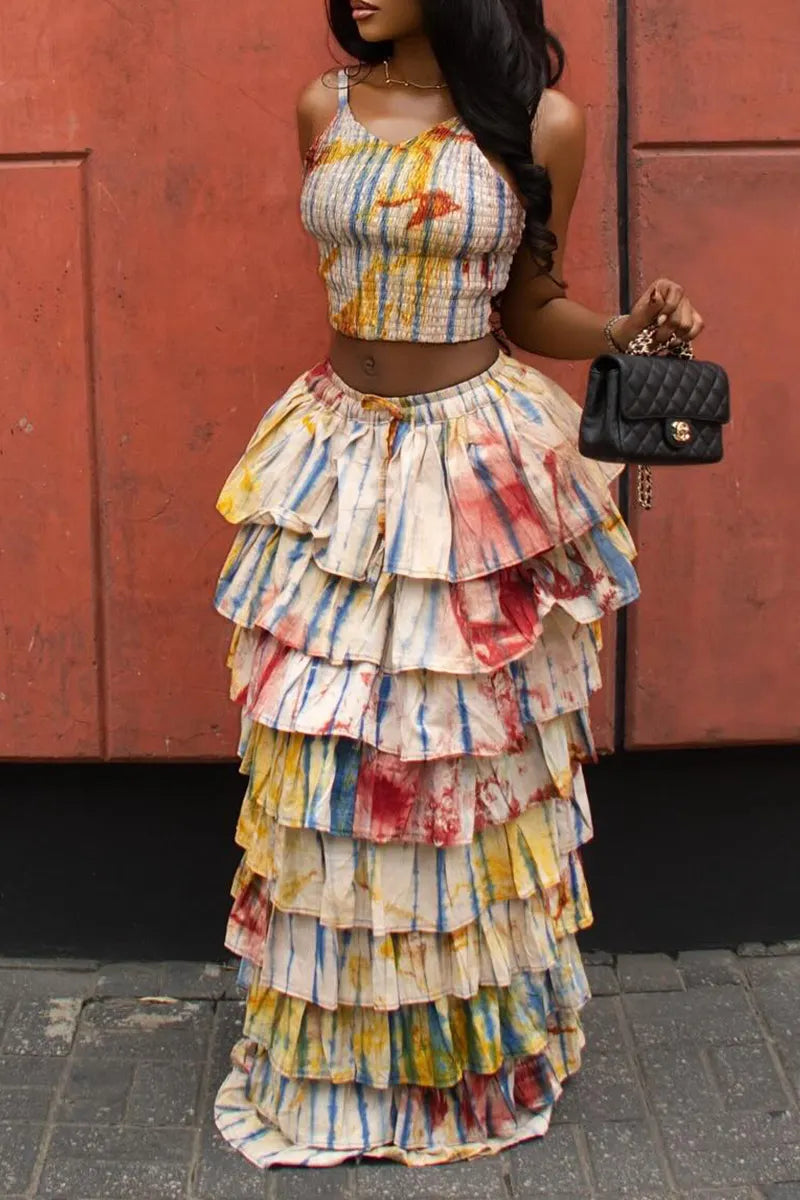 Women's Tie-Dye Spaghetti Strap Crop Top Or Layered Ruffle Skirt