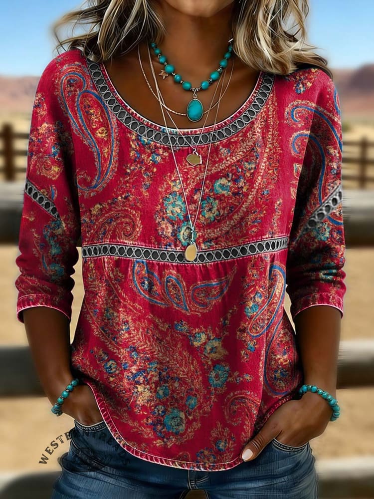 Women's Paisley Vintage Print Casual 3/4 Sleeves Hollow Denim Shirt
