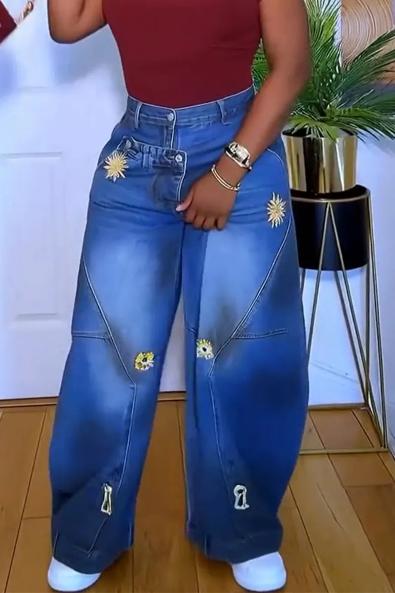 Women Patchwork Washed Casual Wide Leg Jeans