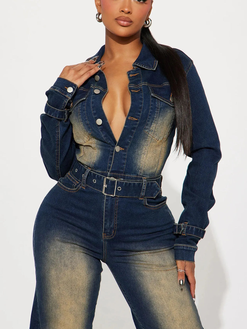 Casual Slim Fit Stretch Washed Denim Jumpsuit