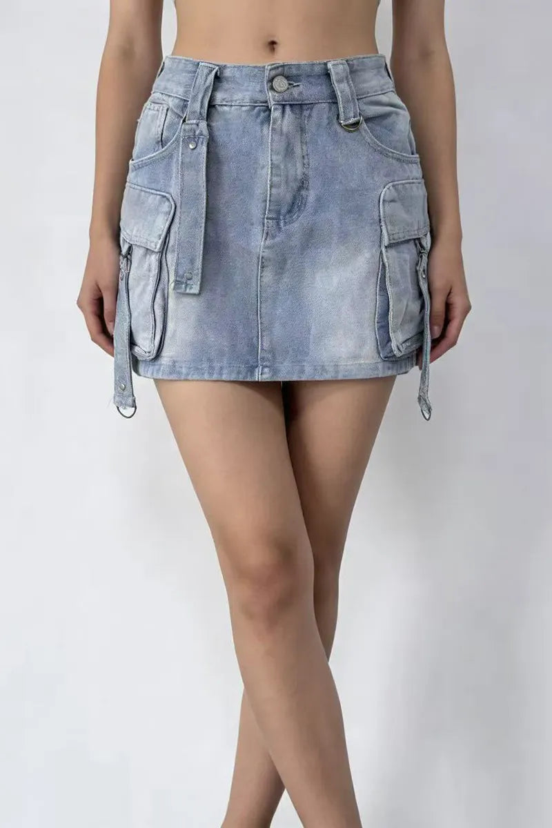 Women's Casual Large Pocket Denim Utility Short Skirt