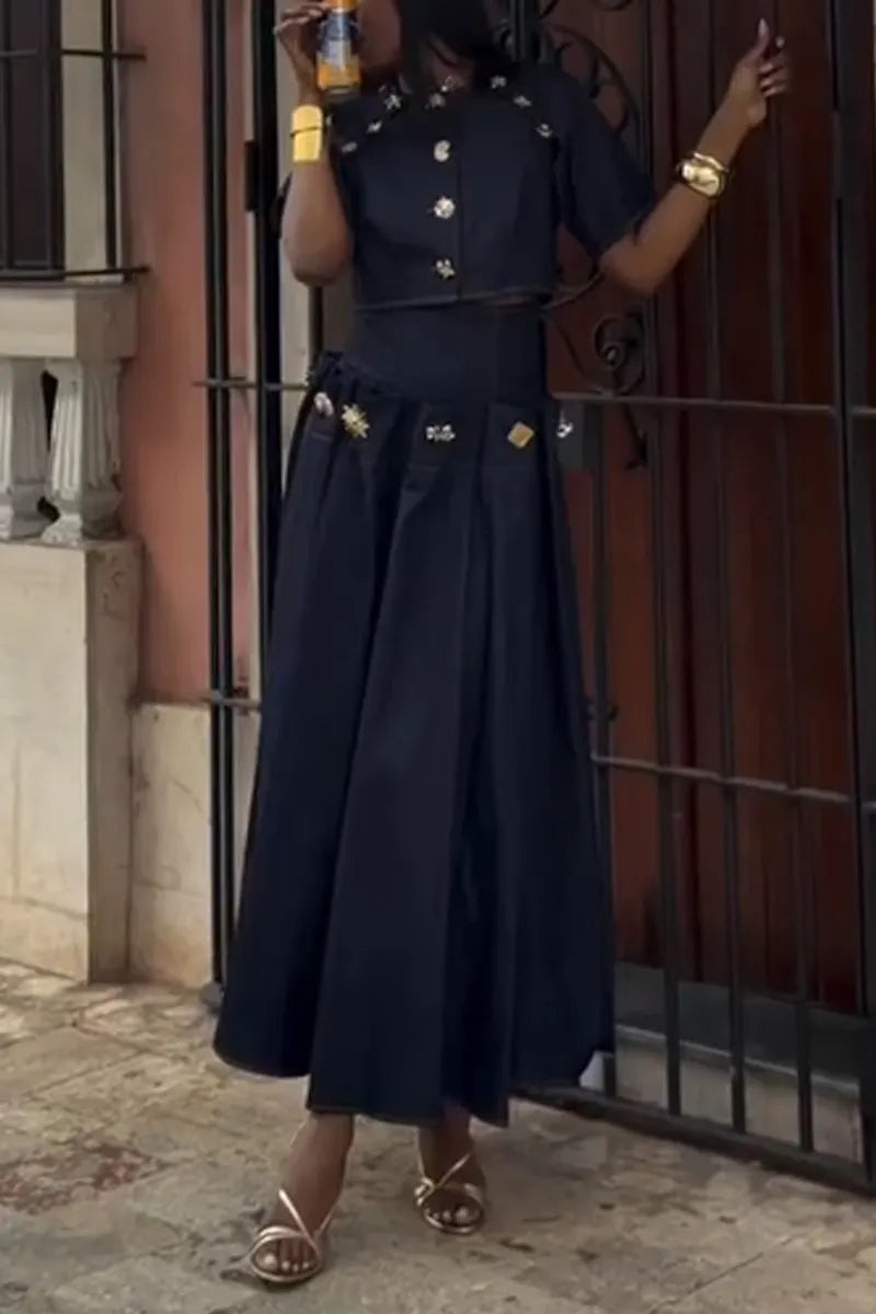 Women Strapless Denim Top or High Waisted Patchwork Denim Skirt