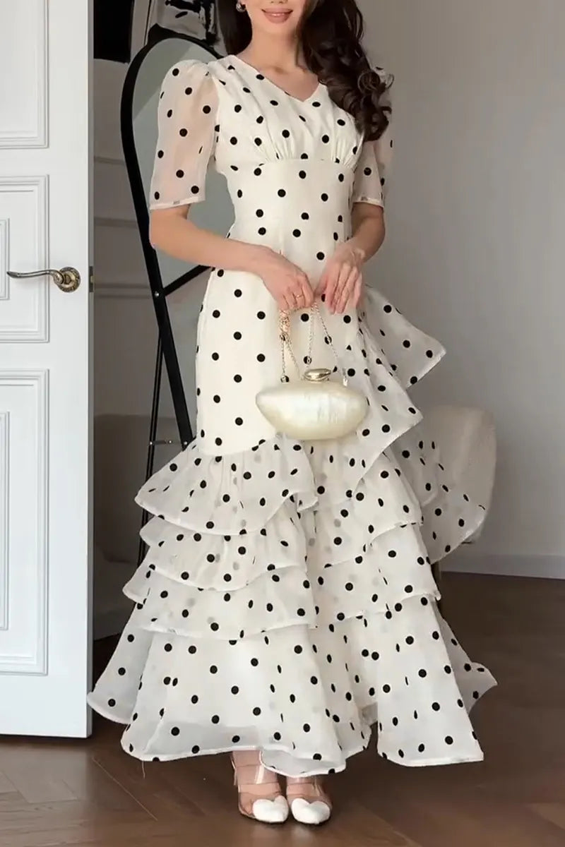 Women's Elegant Tiered Flounce Hem Polka Dot Dress