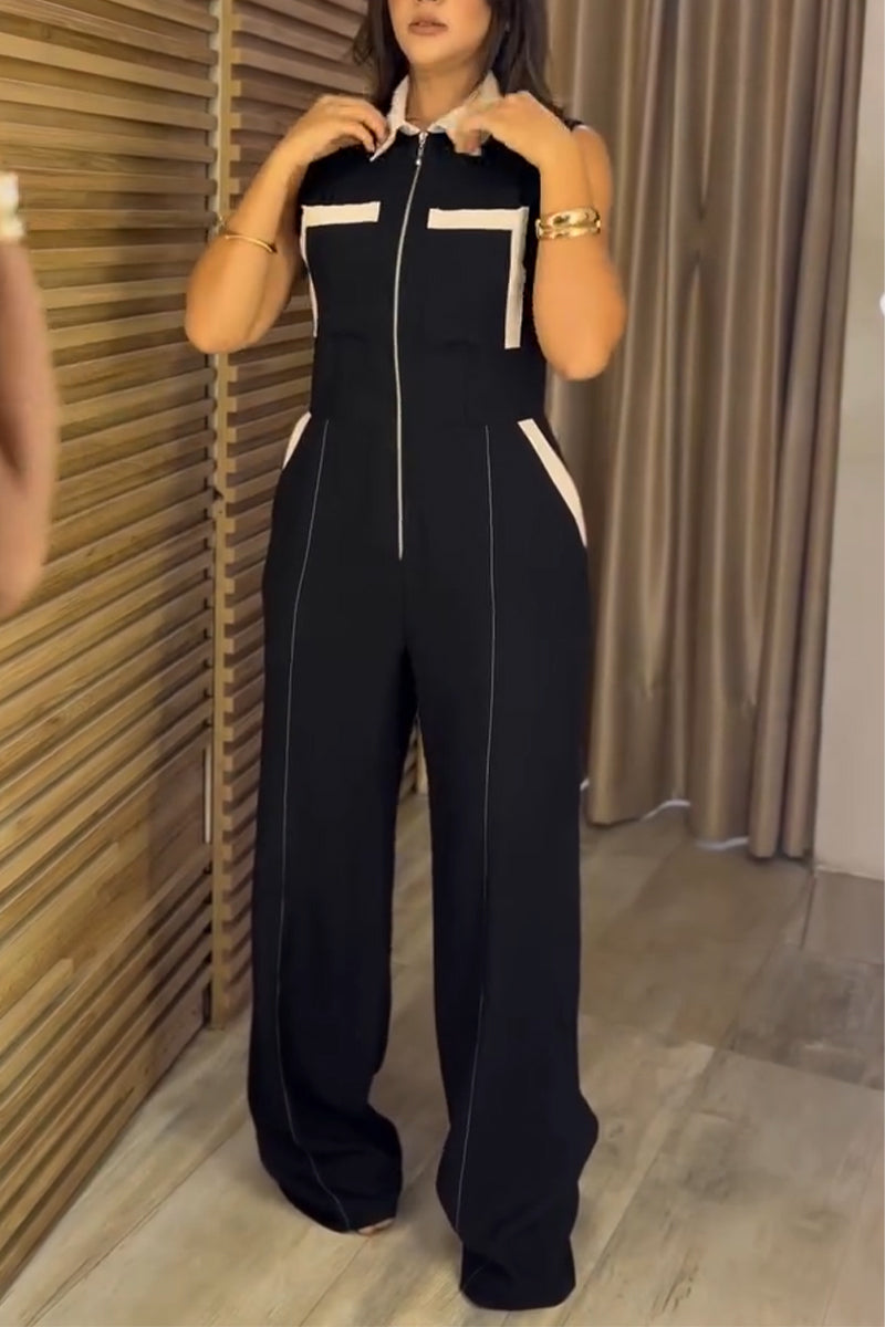 Women's Collar Zipper Sleeveless Casual Jumpsuit