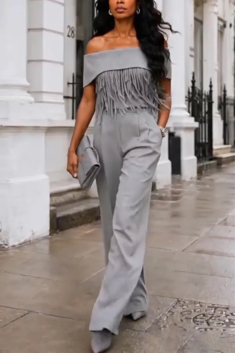 Women's Off Shoulder Patchwork Tassel Top+ Pants Elegant Temperament Set
