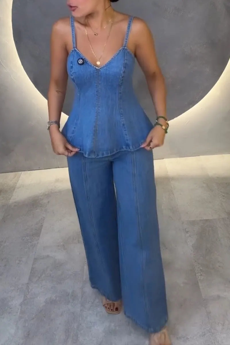 Women's Fashion V-Neck Fitted Denim Vest & Jeans