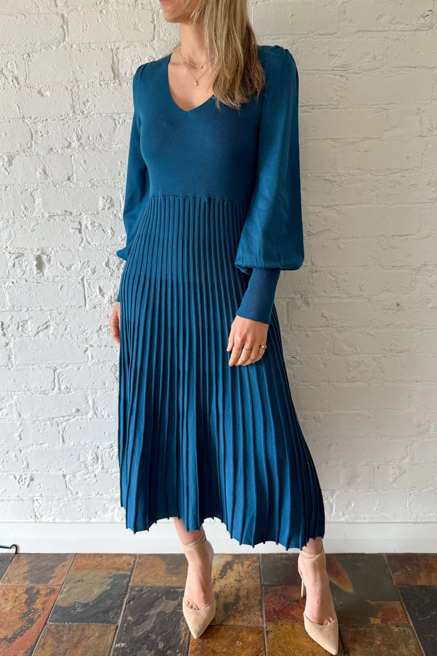 Ladies U-neck Patchwork Pleated Elegant Casual Dress