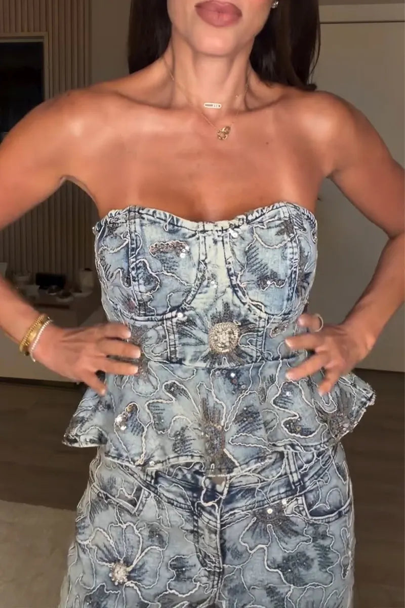 Women's Casual Sequin Embroidered Denim Bustier or Barrel Jeans