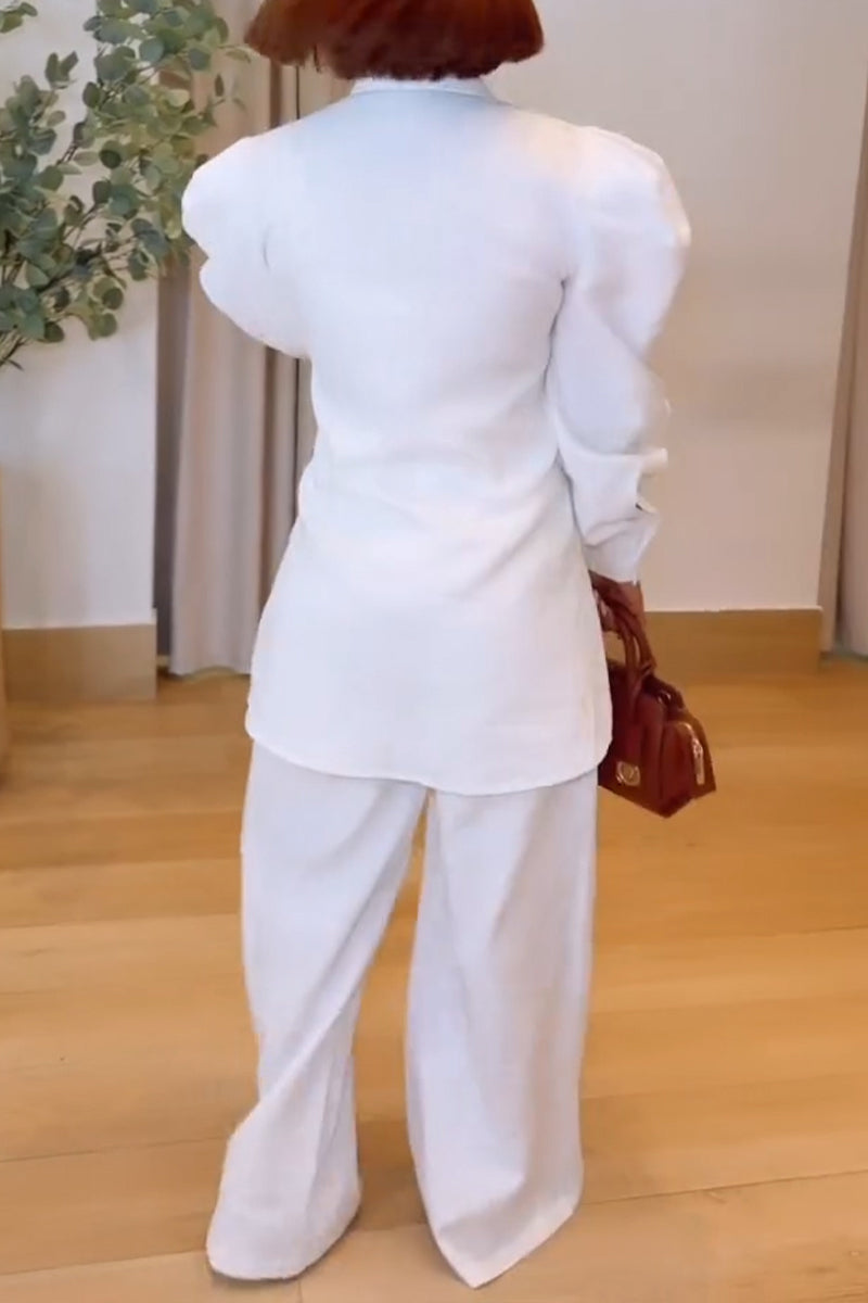 Women's Casual Leg of Mutton Sleeve Shirt Wide Leg Pants Two-Piece Set